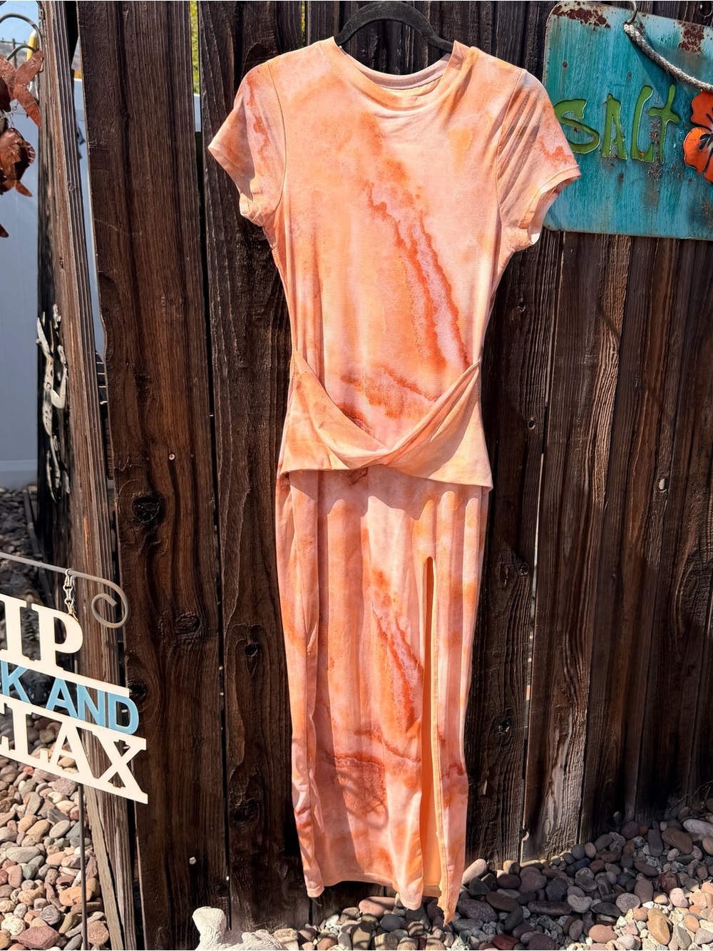 Women's Peach Tie-Dye Short Sleeve Maxi Dress - Soft Casual